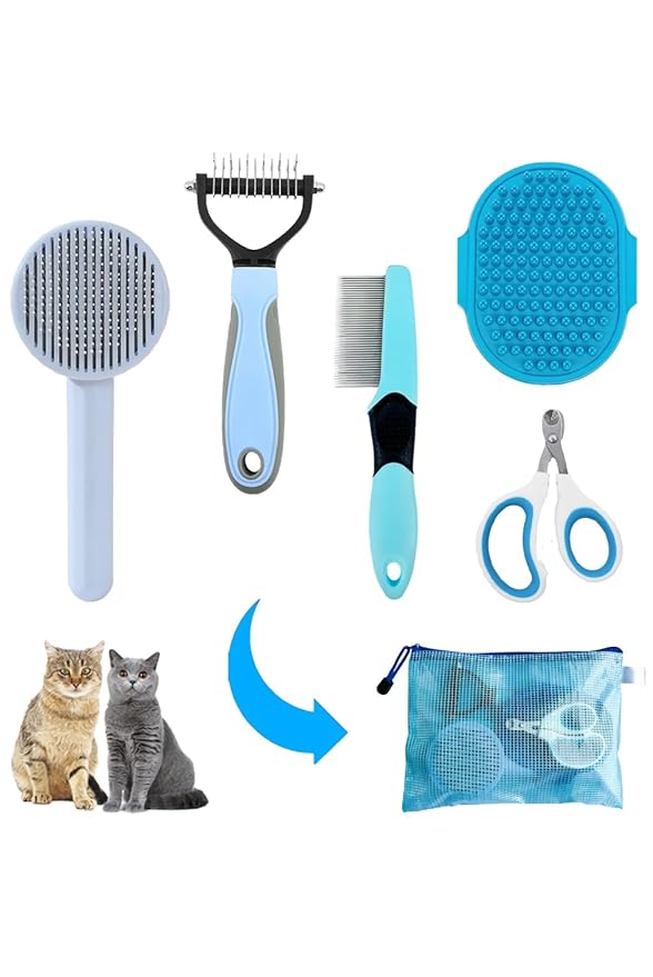 Grooming Brush Kit - 5pcs for Shedding & Matted Fur, Self-Cleaning with Flea Comb for Indoor Long-Haired Cats, Blue-Mewly Pet