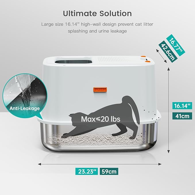 XL Stainless Steel Cat Litter Box Top Entry Extra Large Metal Litter Box with High Side for Big Cats, Multiple Cats, No Odor, Easy to Clean, Anti-Urine Leakage, Dog-Proof, Non-Sticky（Grey）-Mewly Pet