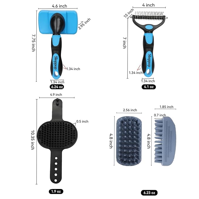 Dog Brush Kit for Grooming Short & Long Haired Dogs & Cats, 4-in-1 Pet Grooming Set with Self-Cleaning Slicker Brush, Deshedding Tool, Shampoo Bath Comb, Massge Comb (Blue Black)-Mewly Pet
