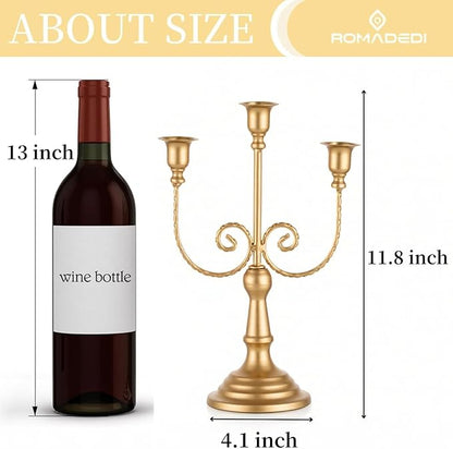 Romadedi Candelabra Gold Candle Holders - 3 Arm 11.8" Wedding Candlestick Holder for Theme Party Table Centerpiece Decor Dining Room Birthday Holiday Christmas, Set of 2