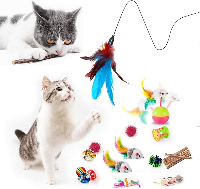 MIBOTE 28Pcs Cat Toys Kitten Toys Assorted, Cat Tunnel Catnip Fish Feather Teaser Wand Fish Fluffy Mouse Mice Balls and Bells Toys for Indoor Cat Puppy Kitty Interactive Cat Toy Set-Mewly Pet