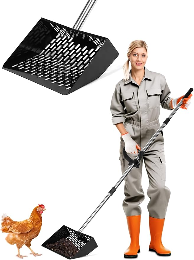 Chicken Poop Scooper with Ergonomic D-Grip 64" Long Handle 4 Sections Adjustable Stainless Steel Chicken Coop Scooper for Sand Sifting Shovel Farm Beach Garden Yard Waste Litter Pooper Cleaning Tools-Mewly Pet