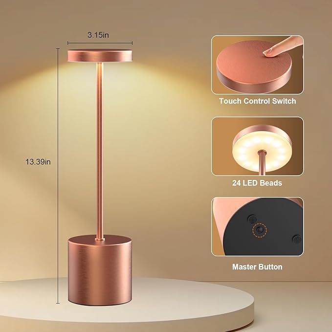 Rechargeable Table Lamp –Outdoor Touch Cordless Desk Lamps, 5000mAh Battery Operated Lamp with 3-Color Dimmable Light, Portable LED Lamp for Bedroom, Dining Room, Patio, Outdoor (Rose Gold)
