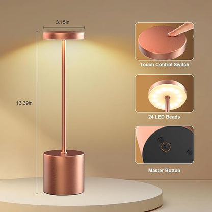 Rechargeable Table Lamp –Outdoor Touch Cordless Desk Lamps, 5000mAh Battery Operated Lamp with 3-Color Dimmable Light, Portable LED Lamp for Bedroom, Dining Room, Patio, Outdoor (Rose Gold)