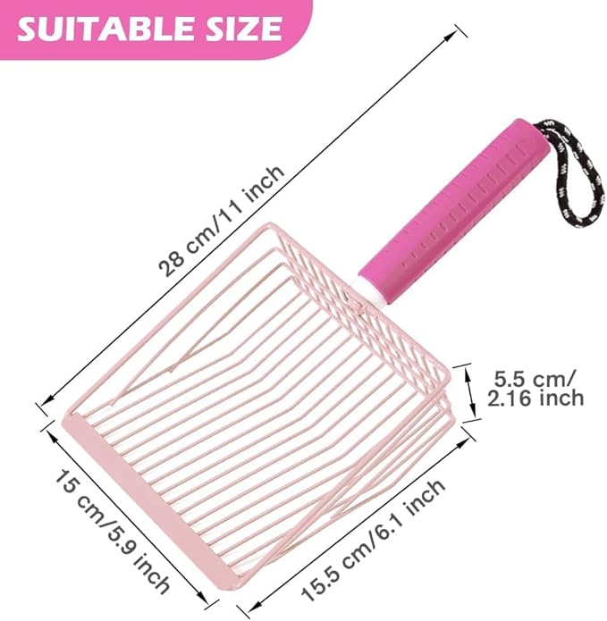 Cat Litter Scoop, 2-in-1 Detachable Ergonomic Handle, Metal, Bar Grid Shape with Suspendable Cord (Pink)-Mewly Pet