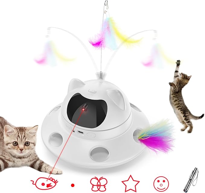 Cat Laser Toy,Automatic Laser cat Toy 3-in-1 Interactive Automatic Motion Activated Moving 6 Holes Whack A Mole Feather, USB Rechargeable Electronic Smart Sensor Kitten Toys for Indoor Exercise-Mewly Pet