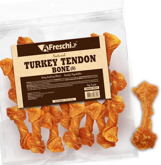 Afreschi Natural Turkey Tendon Bone (S) 8 oz, USA-Sourced Turkey Tendon, All Natural Puppy Chew, Hypoallergenic, Rawhide Alternative, for Small Breeds-Mewly Pet