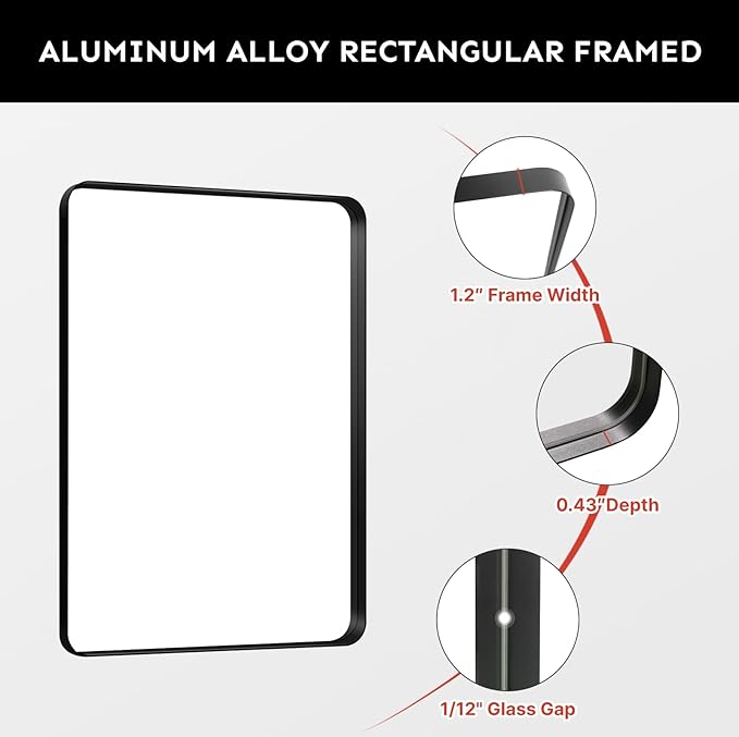 Kosmonia 40x30 Bathroom Vanity Mirror for Wall, Aluminum Framed, Farmhouse Rectangle, Anti-Rust, HD Reflection Anti-Desilvering, Distortion Free, Tempered and Shatter-Proof Wall Mounted Mirror, Black