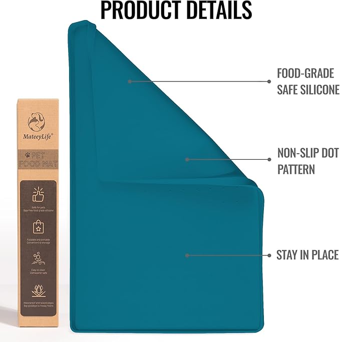 MateeyLife Dog & Cat Food Water Mat for Floors Waterproof, Nonslip Pets Bowl Feeding Mats with Raised Edges, Silicone Matt Tray for Messy Drinkers, 18"x12", Teal-Mewly Pet