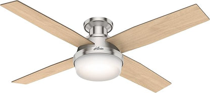 Hunter 52 inch Indoor Ceiling Fan with LED Light and Remote Control- Modern Ceiling Fan, Low Profile Mount, 4 Light Gray Oak Blades, For Bedroom, Living Room, or Kitchen- Dempsey 50283, Brushed Nickel