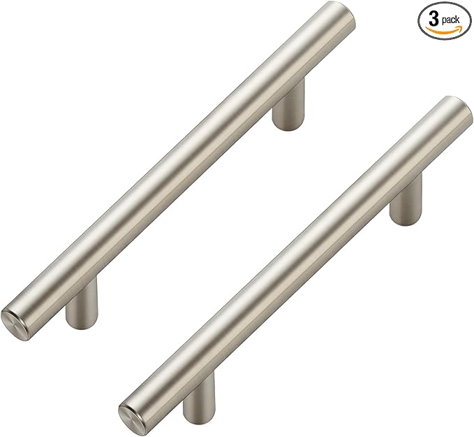 JOY DECOR 3 Pack Cabinet Handles, Brushed Nickel Cabinet Pulls, 3-3/4 in Hole Center Kitchen Cabinet Handles, Stainless Steel T Bar Handles for Dresser Drawers