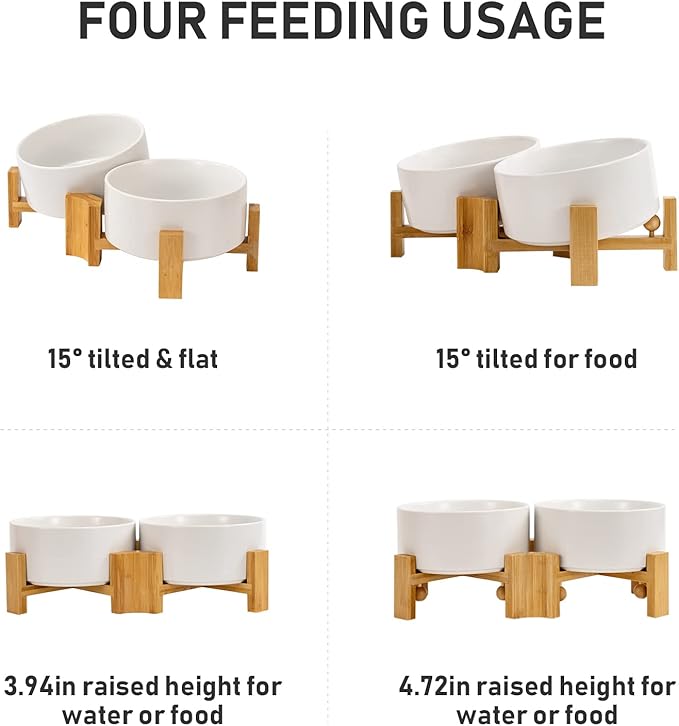 SPUNKYJUNKY 15° Slanted Ceramic Dog and Cat Bowl with Wooden Stand, Tilted Bulldog Food and Water Bowl No Slip Non-Spill for Cats Medium Dogs Big Face Pets 28.7 OZ (3.6 Cups, White × 2)-Mewly Pet