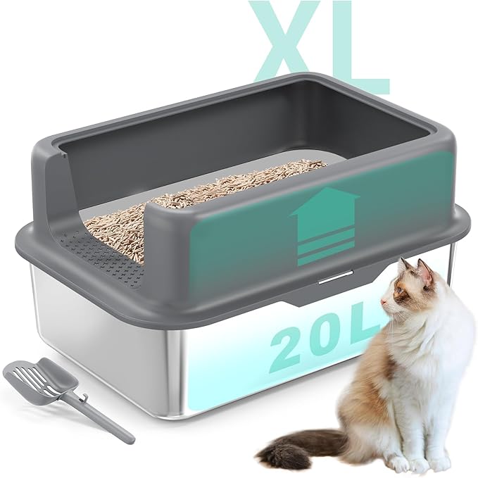 XL Cat Litter Box,24" Stainless Steel Litter Box,Large Big Cats,Extra Large Kitty 17" High Wall Sides Enclosure,Non-Sticky Easy Cleaning,Include Litter Scoop-Mewly Pet