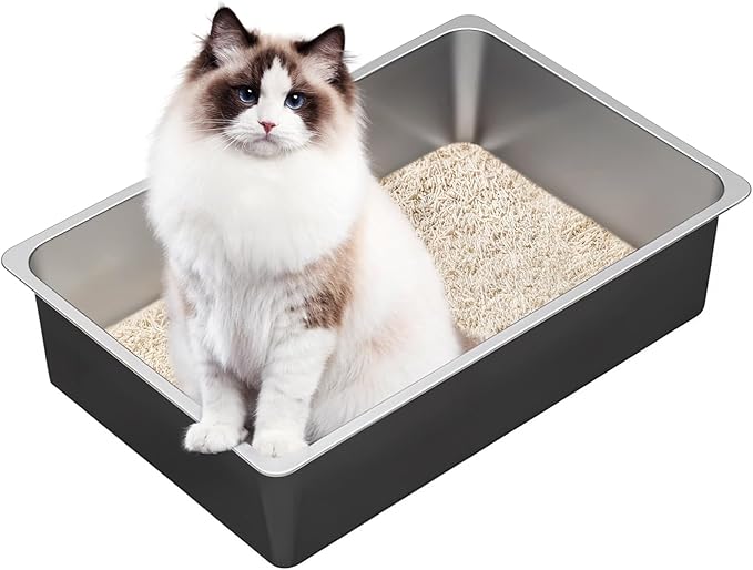 Ohtomber Stainless Steel Litter Box - Large Metal Cat Litter Box Pan High Sided, Never Absorbs Smell, Easy to Clean Non Stick Litterbox Tray Toilet Pet Supplies for Indoor Big and Small Cats, Kitten-Mewly Pet