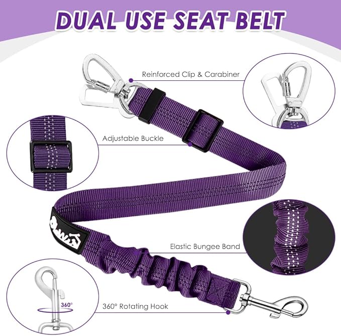 Lukovee Dog Seat Belt for Car, Adjustable Dog Car Harness for Large Medium Small Dogs, Soft Padded & Breathable Mesh Dog Seatbelt with Car Strap and Carabiner(Purple Double Clip,XX-Small)-Mewly Pet
