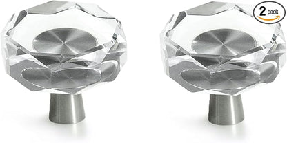JEREVER 2 Pack Glass Crystal Knobs Brushed Nickel Drawer Pull Cabinet Handle for Dresser Kitchen (Polygon)