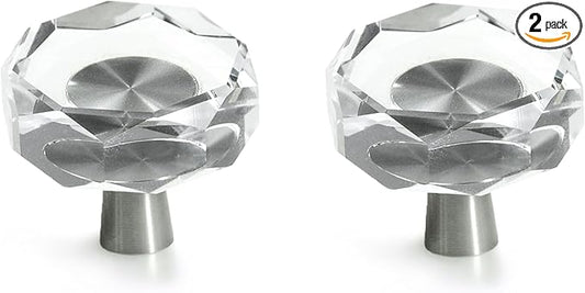 JEREVER 2 Pack Glass Crystal Knobs Brushed Nickel Drawer Pull Cabinet Handle for Dresser Kitchen (Polygon)