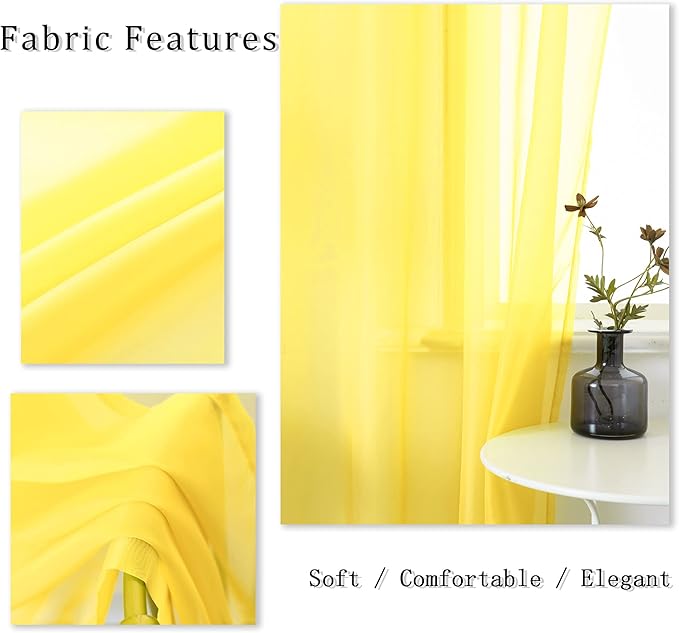DUALIFE 96 Inches Long Yellow Sheer Curtains 2 Panels Grommet Curtain Panel Voile Drapes Semi Sheer Curtains for Living Room Set Bedroom Solid Bright Yellow Color 52 x 96 Inch Length