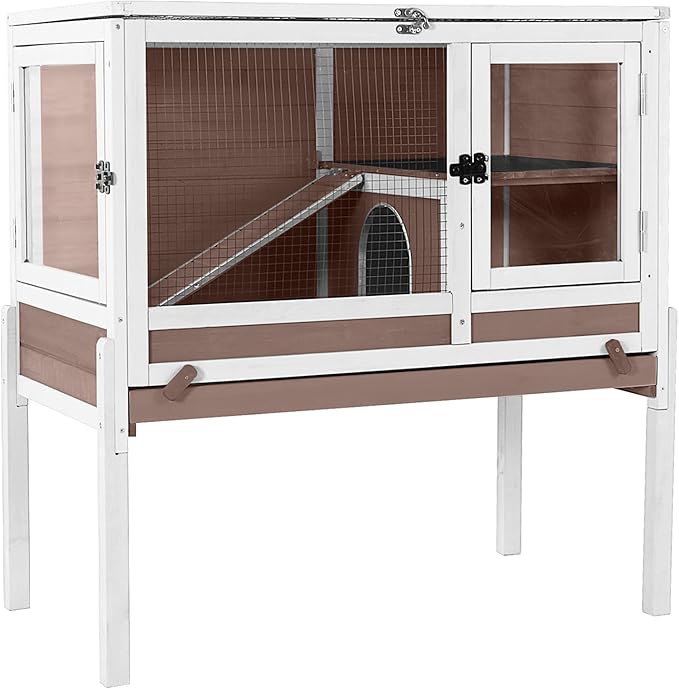 Guinea Pig Cage with Wooden Stand - Hamster Cage, Small Animal Cage Anti Chew Ramp, Hideout, Platform, Pull Out Tray (Brown, L)-Mewly Pet