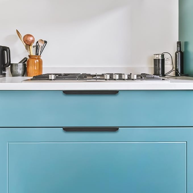 Ravinte Hardware 10 Pack Black Cabinet Handles, 7.8 Inch (200mm) Finger Edge Pulls, 6-1/4 Inch Hole Center, Finger Pulls for Cabinets