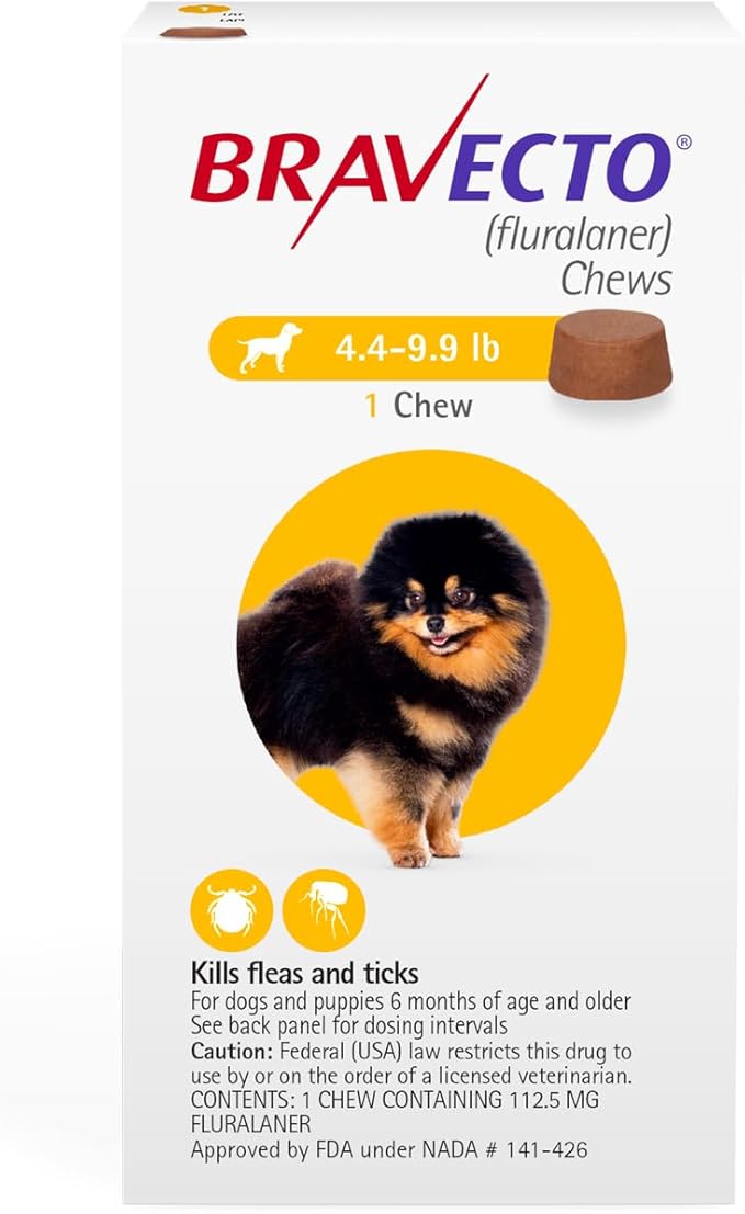 BRAVECTO Chew for Dogs, Flea & Tick, 1 Chew, 12 Week Supply, 4.4-9.9 lbs., Yellow Box-Mewly Pet