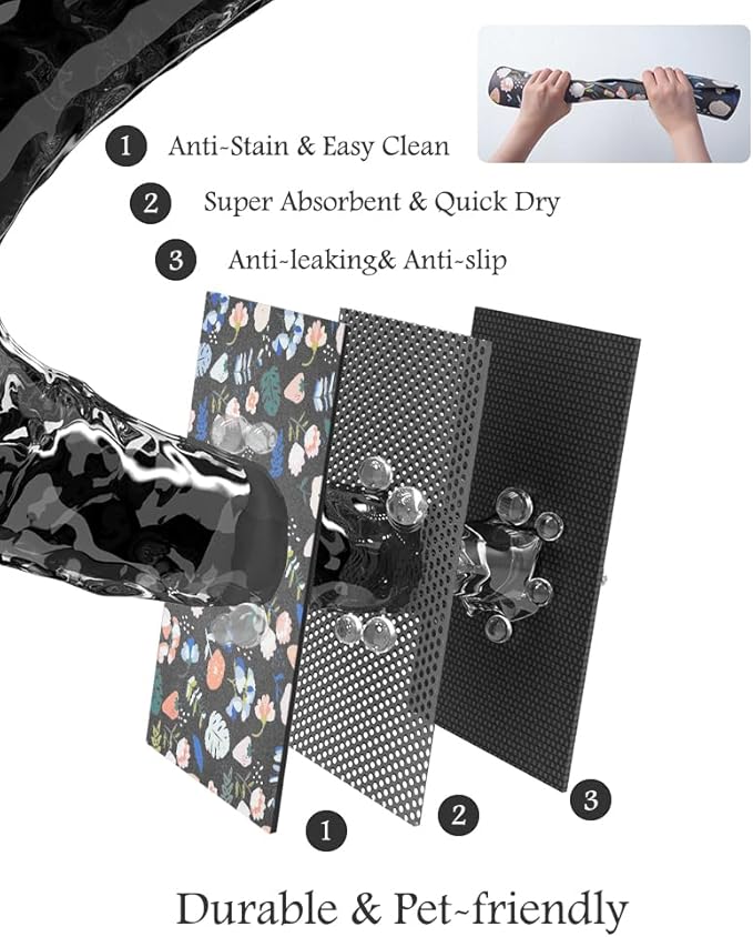 Pet Feeding Mat-Absorbent Dog Mat for Food and Water Bowl-No Stains Quick Dry Water Dispenser Mat-Dog Accessories Pet Supplies-Bowl for Messy Drinkers（DARKFLOWERS,16"x24"-Mewly Pet