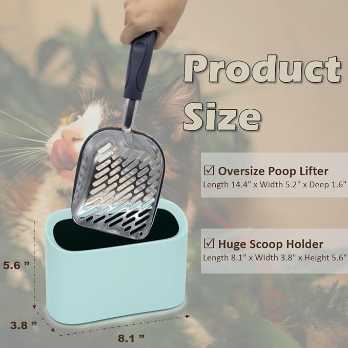 Aluminum Cat Litter Scoop in Holder, Non-Stick Cat Poop Scooper with Holder, Fast Sifting Kitten Poop Lifter and Caddy (Blue)-Mewly Pet