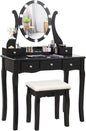 CHARMAID Makeup Vanity Table with Lighted Mirror, Vanity Desk with 10 LED Lights, Adjustable Brightness, 5 Drawers and Removable Storage Organizer, Bedroom Dressing Table with Stool (Black)