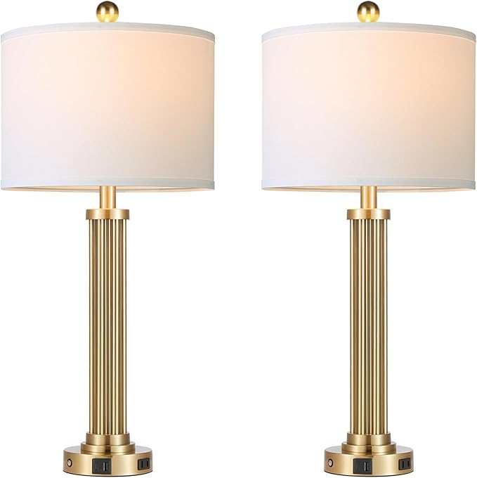 28" Tall Modern Table Lamps Set of 2 with USB C+A Ports and AC Outlet, 3 Way Touch Metal Bedside Lamps for Living Room, Gold Nightstand Lamps for Bedroom