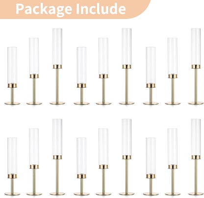 NUPTIO Gold Candlestick Holders Bulk: Set of 18 Glass Hurricane Taper Candle Holders - Decorative Candle Stick Stand for Fall Christmas Fireplace Dining Table Decor