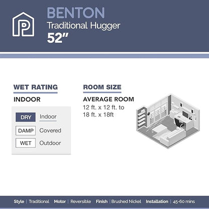 Prominence Home Benton Traditional 52 Inch Ceiling Fan with Light, LED Flush Mount Ceiling Fan, Indoor Fan with 5 Blades, Brown Walnut and Brown Maple Blade Finish Options, Brushed Nickel (51428-01)
