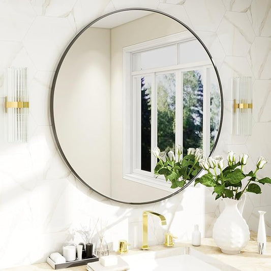 BEAUTYPEAK 20 Inch Round Mirror, Metal Frame Circle Mirror, Wall Mounted for Entryway, Bathroom, Vanity, Living Room, Black