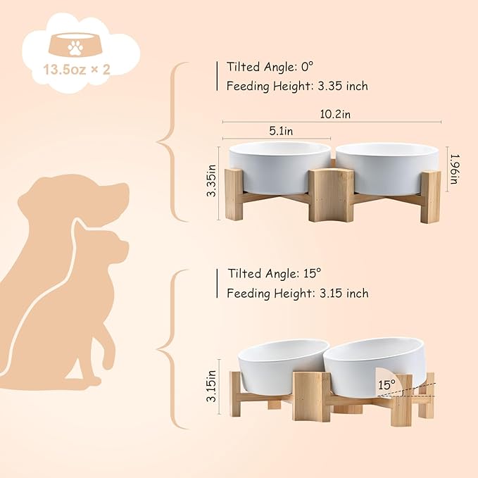 SPUNKYJUNKY 15° Slanted Ceramic Dog and Cat Bowl with Wooden Stand, Tilted Bulldog Food and Water Bowl No Slip Non-Spill for Cats Medium Dogs Big Face Pets 13.5 OZ (1.7 Cups, White × 2)-Mewly Pet