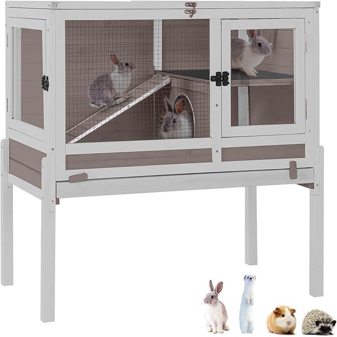 GUTINNEEN Rabbit Hutch Guinea Pig Cages Indoor with Stand Wooden Small Animals Cage Hutch Hamster Cage with Hideout,Pull Out Tray, Anti Chew Ramp(Brown)-Mewly Pet