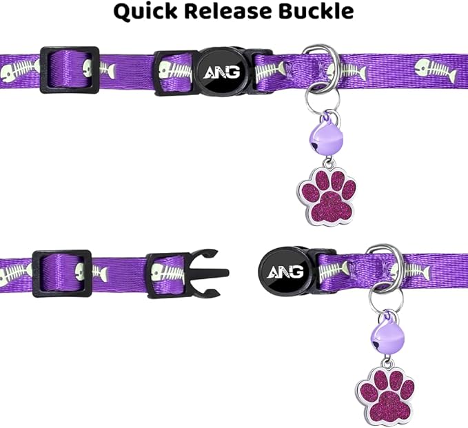 Personalized Breakaway Cat Collars Glow-in-The-Dark with ID Tag, Bell - Safety Quick - Release, Customizable for Female Male Kittens & Cats (Purple)-Mewly Pet