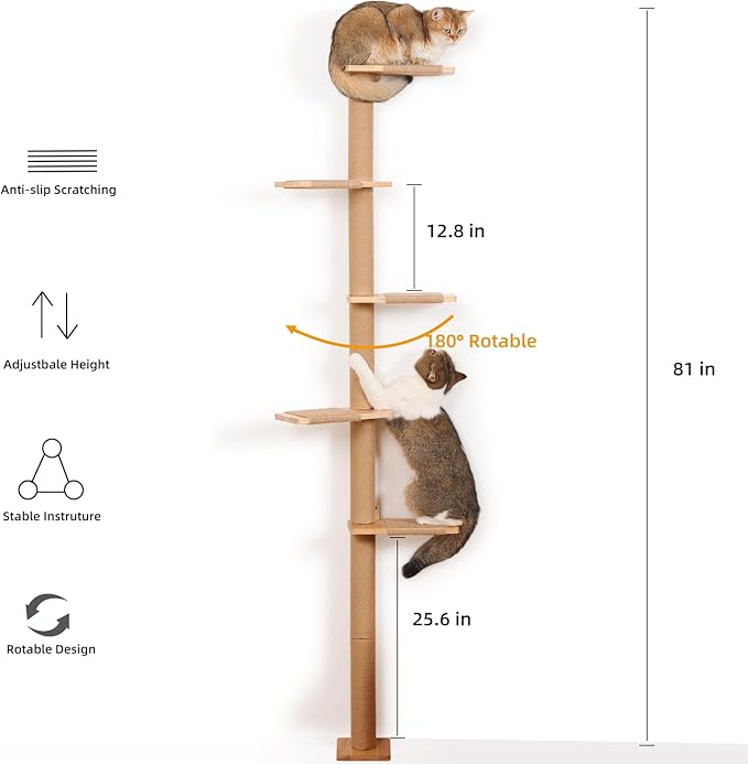 5 Tier Floor to Ceiling Cat Tree Tower with Wall-Mounted Scratching Post, Playful Wall Climbing Shelves for Cats, Ideal for Kittens to Climb, Scratch, and Lookout, Wild Simulation Design-Mewly Pet