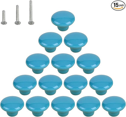 HUAMULAN 15PCS Blue Glossy Ceramic Knobs Button Round Mushroom Cabinet Dresser Vintage Pulls Door Handles Cupboard Wardrobe Drawer, Dia. 1.5 inch 38mm