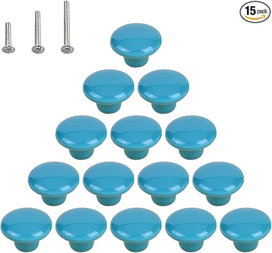 HUAMULAN 15PCS Blue Glossy Ceramic Knobs Button Round Mushroom Cabinet Dresser Vintage Pulls Door Handles Cupboard Wardrobe Drawer, Dia. 1.5 inch 38mm
