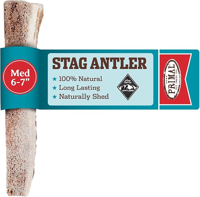 Primal Antlers for Dogs, Grade A Split Stag Antlers for Medium Canines 15-30 lb, Natural Chews for Aggressive Chewers, Naturally Shed, Long Lasting Dog Bones, 1 ct-Mewly Pet