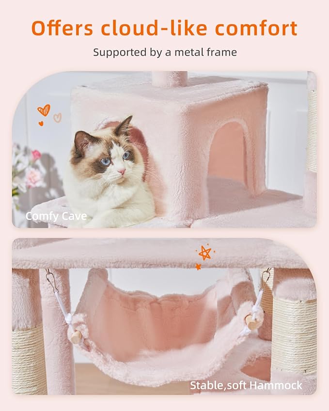 Taoqimiao Cat Tree, 71-Inch Cat Tree Cat Tower for Indoor Cats, Plush Multi-Level Cat Condo with 10 Scratching Posts, 2 Perches,Basket, 2 Caves,Hammock, 2 Pompoms,MS020P Jelly Pink-Mewly Pet