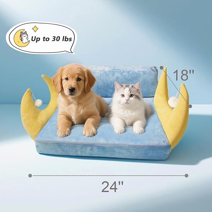 Cat Couch with Soft Pillow, Supportive Dog Couch, Cat Sofa with Removable Cover，Cute Moon Shaped, 24 Inch-Mewly Pet