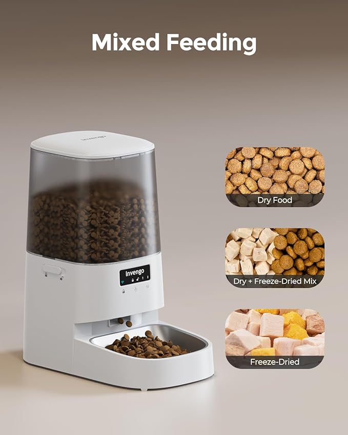 Cat Feeder Automatic - Cat Food Dispenser MeowServe S20, Auto Dog Feeder with Stainless Steel Bowl, 5L Pet Feeder with Patented Anti-Jam Port, App, Dual Lock Lid, Dual-Band WiFi & Power, White-Mewly Pet