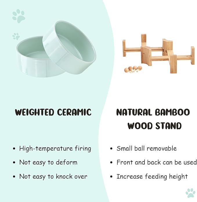 SPUNKYJUNKY 15° Slanted Ceramic Dog and Cat Bowl with Wooden Stand, Tilted Bulldog Food and Water Bowl No Slip Non-Spill for Cats Medium Dogs Big Face Pets 13.5 OZ (1.7 Cups, Morandi Green × 2)-Mewly Pet