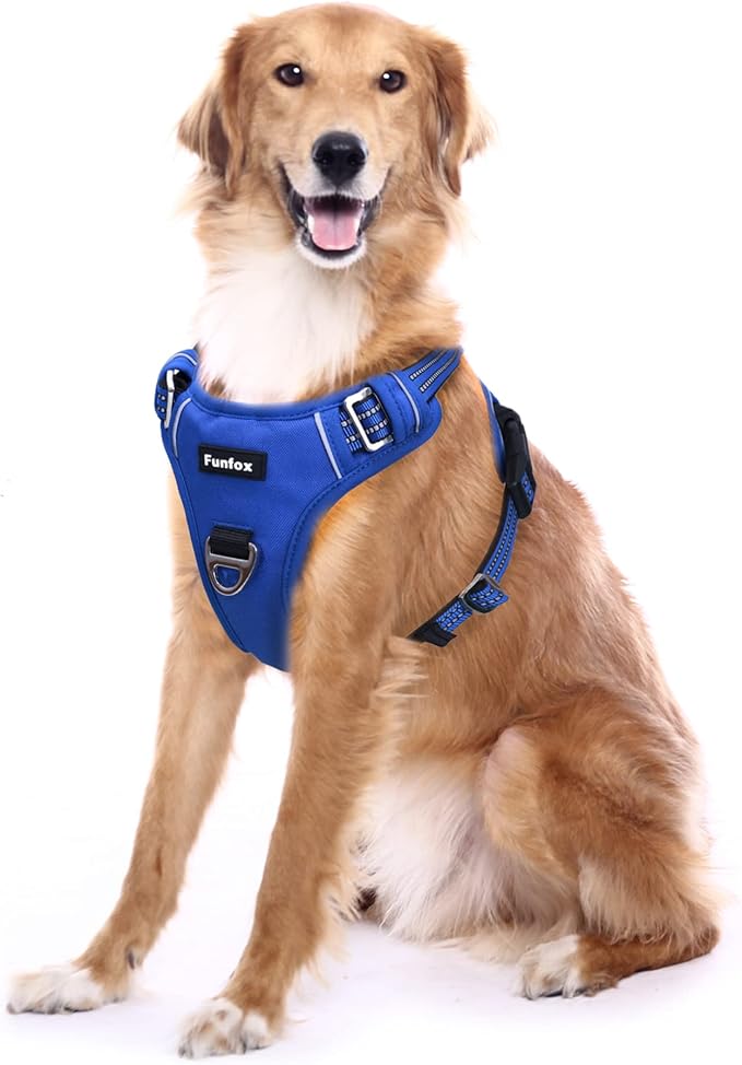Funfox Dog Harness No Pull, Adjustable Pet Vest Harness, Super Soft Material with Vertical Handle Easy Control, Reflective Night Walking, 2 Leash Clips for XLarge Dogs, Blue, XL-Mewly Pet