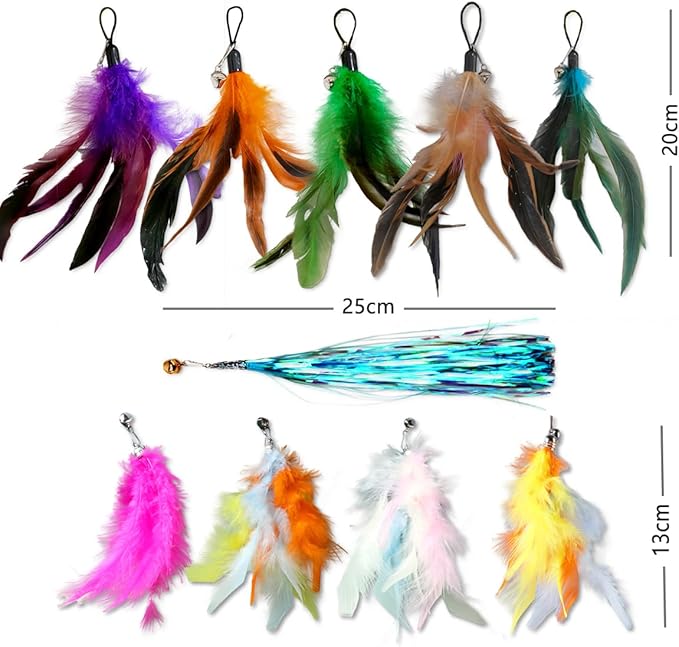 LogFaadCoi 10-Pack of Vibrant Feathered Cat Toy Refills: Perfect Wand Attachments for Indoor Cats, Enhance Your Pet's Playtime with These Exciting Replacement Feather Cat Toys-Mewly Pet