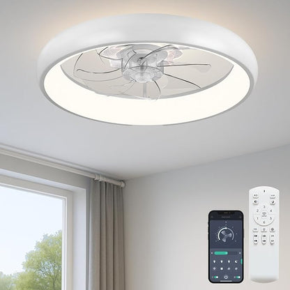 20'' Ceiling Fan with Light, Upgraded Low Profile Fan, Flush Mount Ceiling Fan, 6 Speeds, Dimmable LED, App & Remote Control, Quiet DC Motor, for Bedroom, Living Room, F109 White