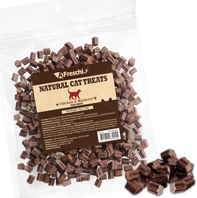 Afreschi Natural Cat Treats Chicken & Mackerel Star Shape 6 oz, All-Natural, High-Protein, Grain-Free, Healthy, Low-Fat, Easily Digestible-Mewly Pet