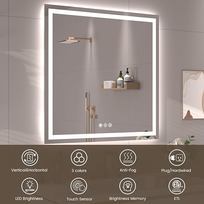 32"X32" LED Bathroom Mirror with Front Lights and Backlit, Anti-Fog, Dimmable, Shatter-Proof Tempered Glass, Lighted Bathroom Vanity Mirror for Wall with 3 Colors, Memory Function