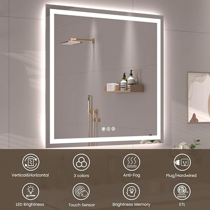 32"X32" LED Bathroom Mirror with Front Lights and Backlit, Anti-Fog, Dimmable, Shatter-Proof Tempered Glass, Lighted Bathroom Vanity Mirror for Wall with 3 Colors, Memory Function