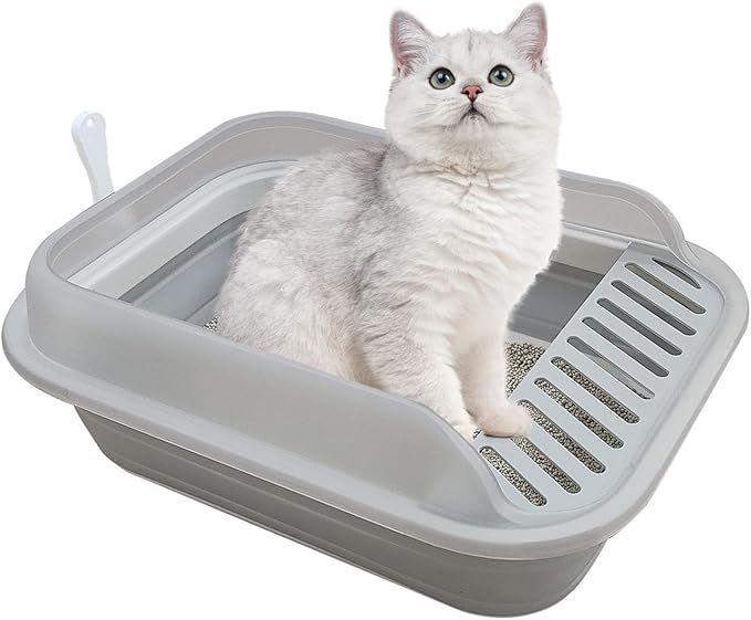 Collapsible Kitten Litter Box, Open High Sided Cat Potty Pan with Scoop Shallow Cat Toilet Anti-Splashing Low Entrance Travel Litter Box with Falling Sand Pedal for Kitty to Senior Cats-Mewly Pet